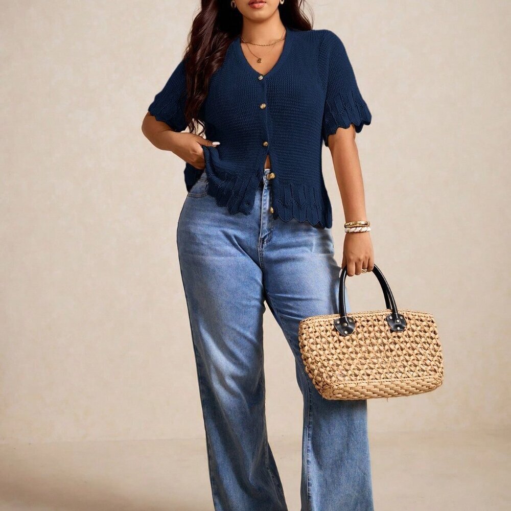 Navy Blue Casual Women's Plus Size Front Button Short Sleeve Cardigan